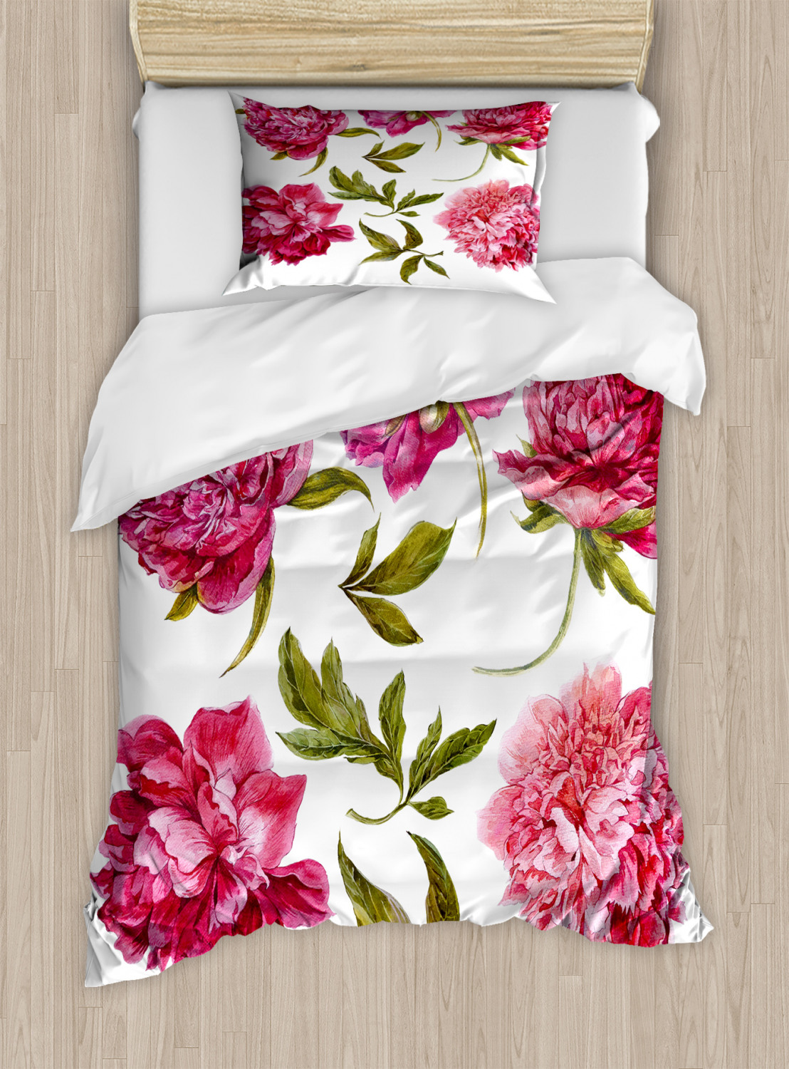 Floral Duvet Cover Set Twin Size, Spring Buds in Vivid Tones Watercolor