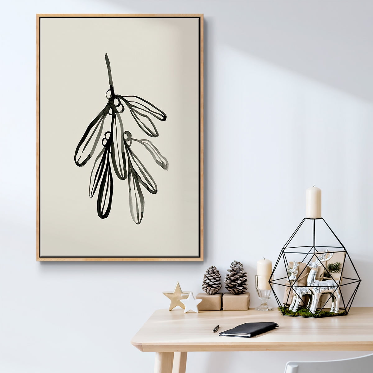 Mistletoe Sketch I - Framed Gallery Wrapped Holiday Canvas - 27 x 41 - Natural Wood Frame