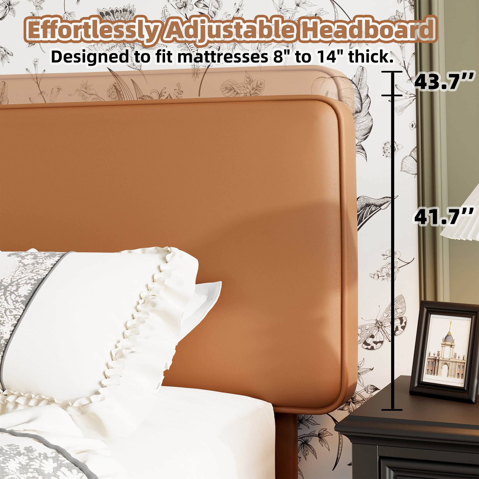Frostbloom Full Bed Frame, Upholstered Faux Leather Platform Bed with Adjustable Headboard, Orange Brown