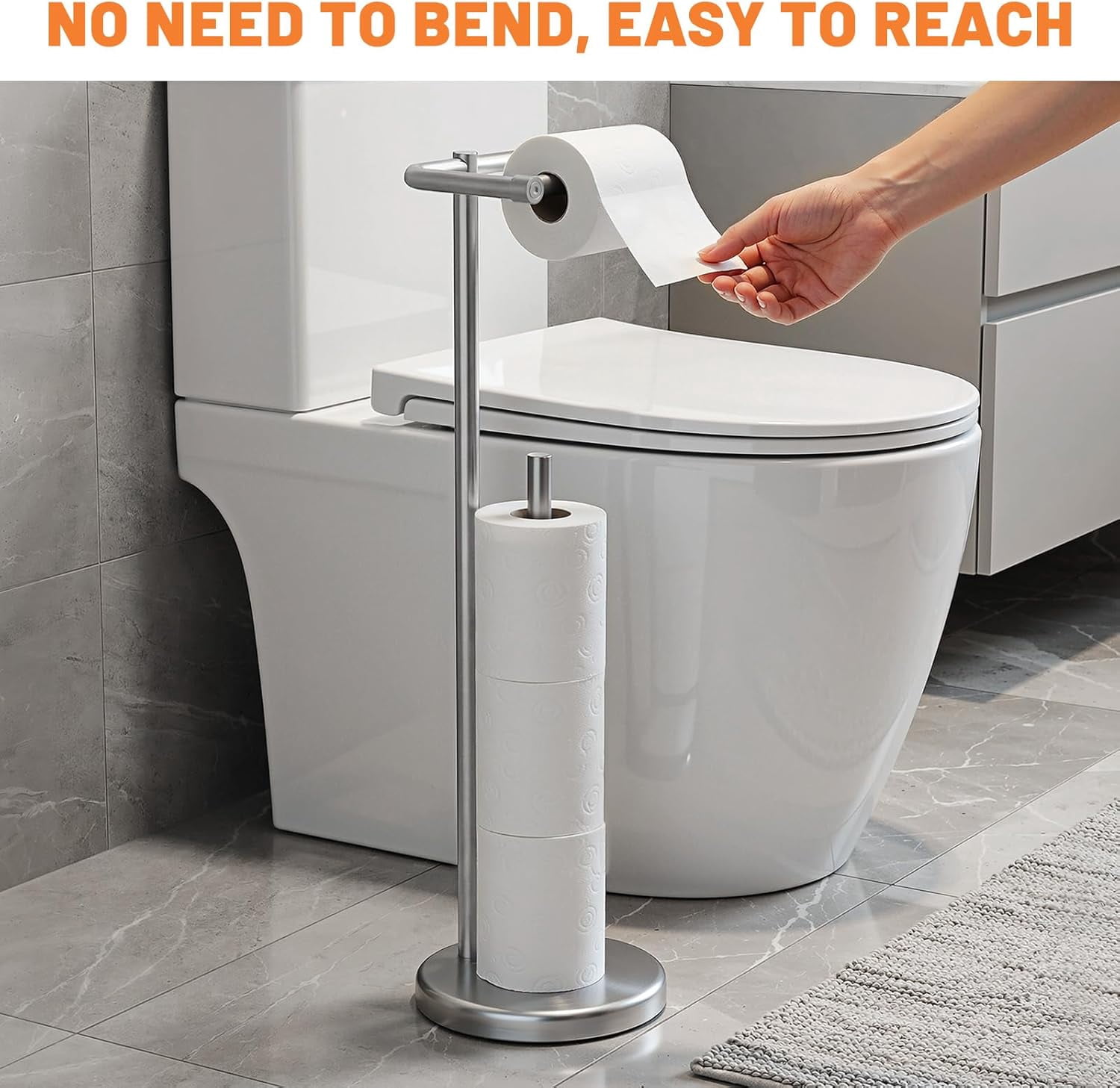 Toilet Paper Holder Stand, Brushed Nickel Freestanding Toilet Paper Holder with Post Pivoting Design and Stable Weighted Base, Stainless Steel Bathroom Toilet Paper Holder