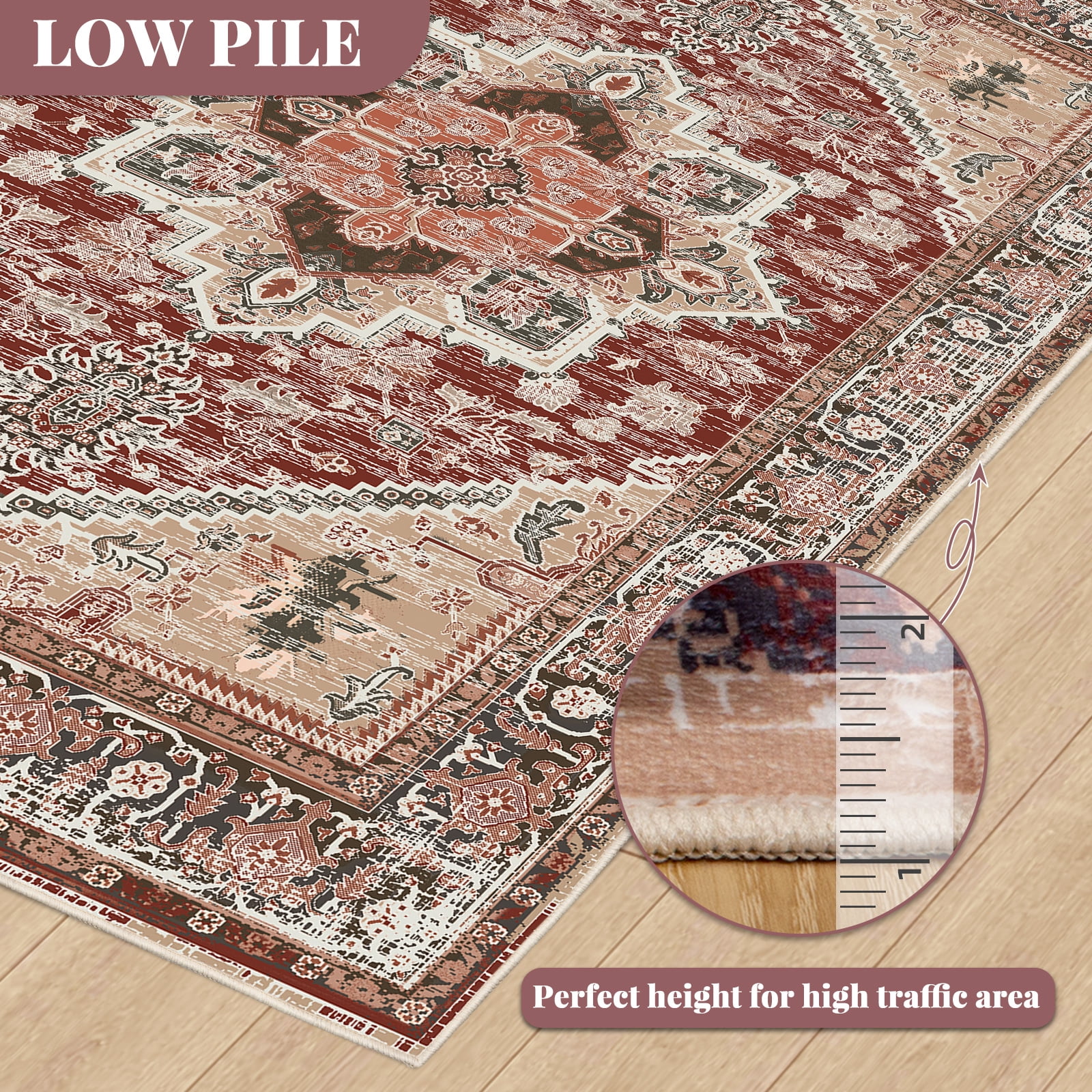 3'x5' Area Rugs, Machine Washable Non Slip Area Rug for Kitchen, Soft Low Pile Vintage Print Pattern Indoor Bathroom Thin Carpet, Burgundy