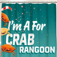 thumbnail image 1 of Teal Shower Curtain with Cartoon & "I'm A For Crab Rangoon" - Whimsical Retro Design for Fun Bathrooms, 1 of 4
