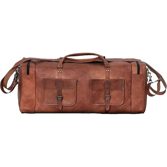 Rajeriya-32 inch Leather Duffel Bag for Men and Women Full Grain Leather Travel Overnight Weekend Leather Bags Sports Gym Brown Duffel