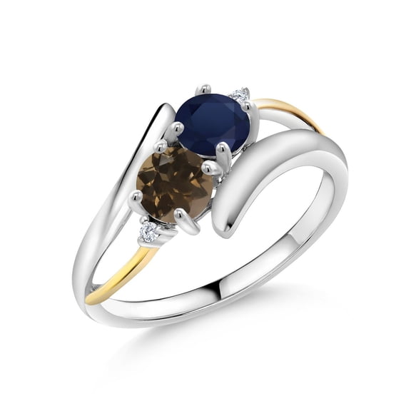 Gem Stone King 1.12 Ct Round Blue Sapphire Brown Smoky Quartz 925 Silver and 10K Yellow Gold Ring (Size 8)