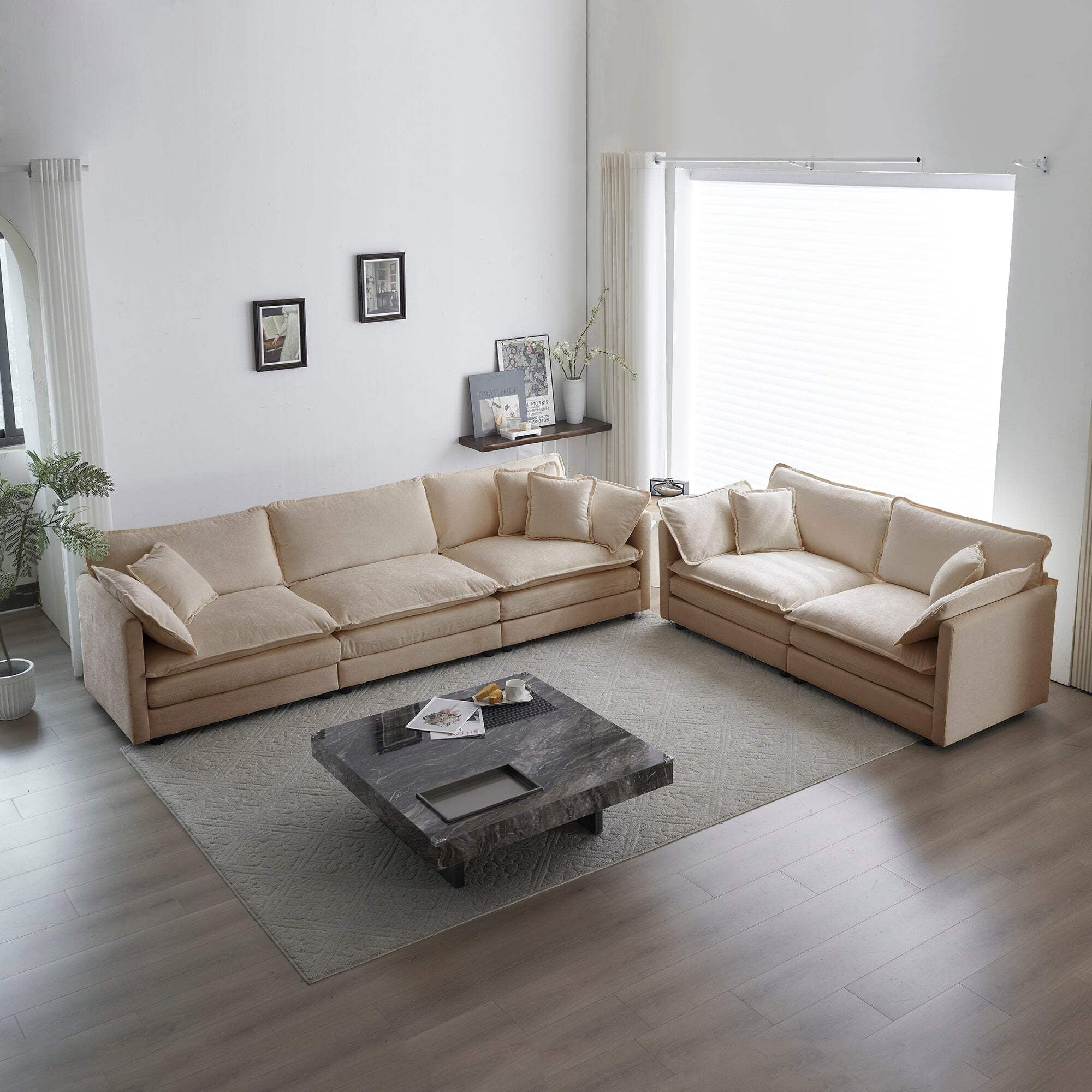 3 Piece Living Room Sofa Set, Velvet Upholstered Sectional Sofa Set with  3-Seater Sofa, Loveseat \u0026 Sofa Chair, Sofa Couch with Button and Copper  Nail on Arms and Back, Five White Villose, image size:2000x2000