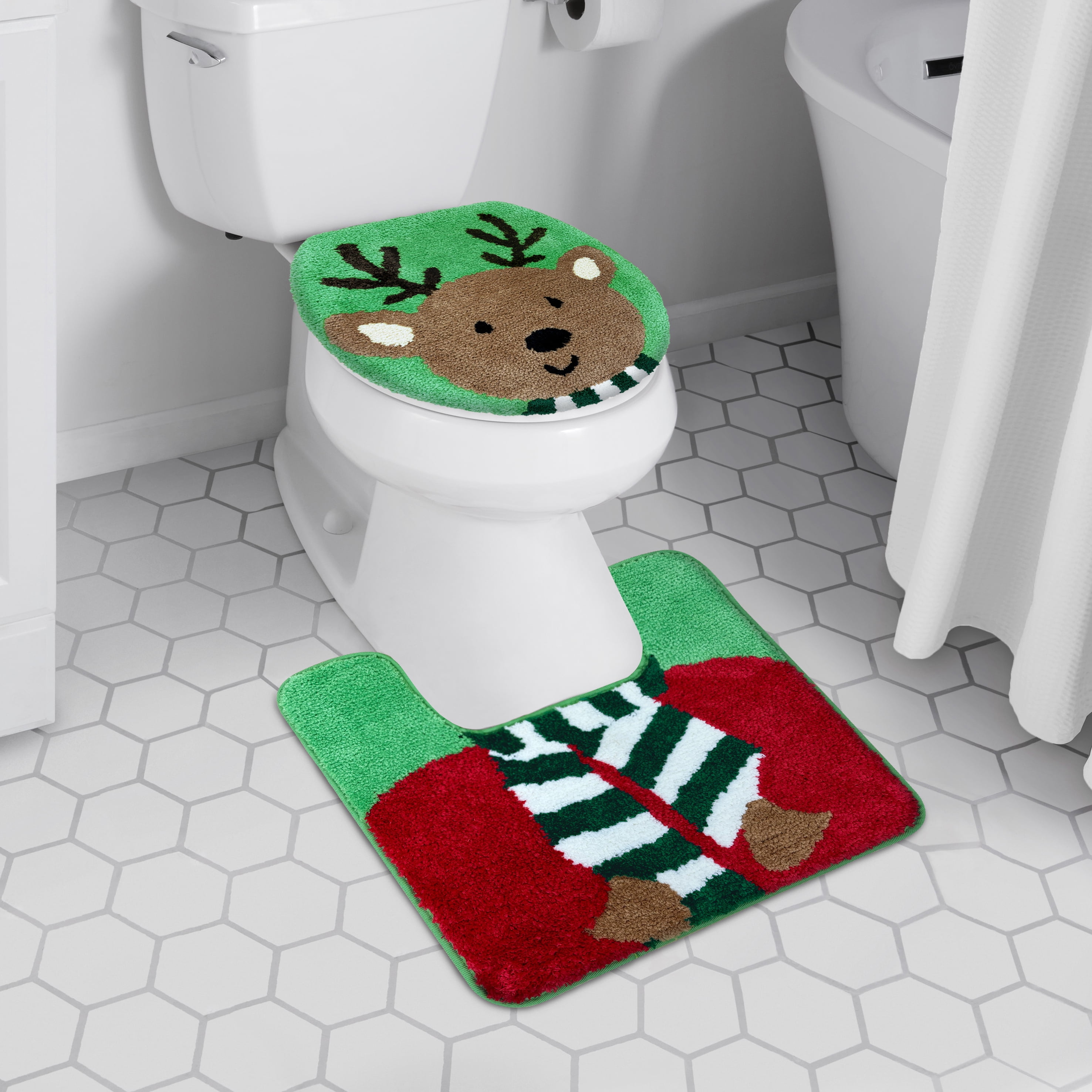 Holiday Time - Reindeer 2-Piece Polyester Holiday Bath Rug Set w/ Contour Rug & Toilet Cover