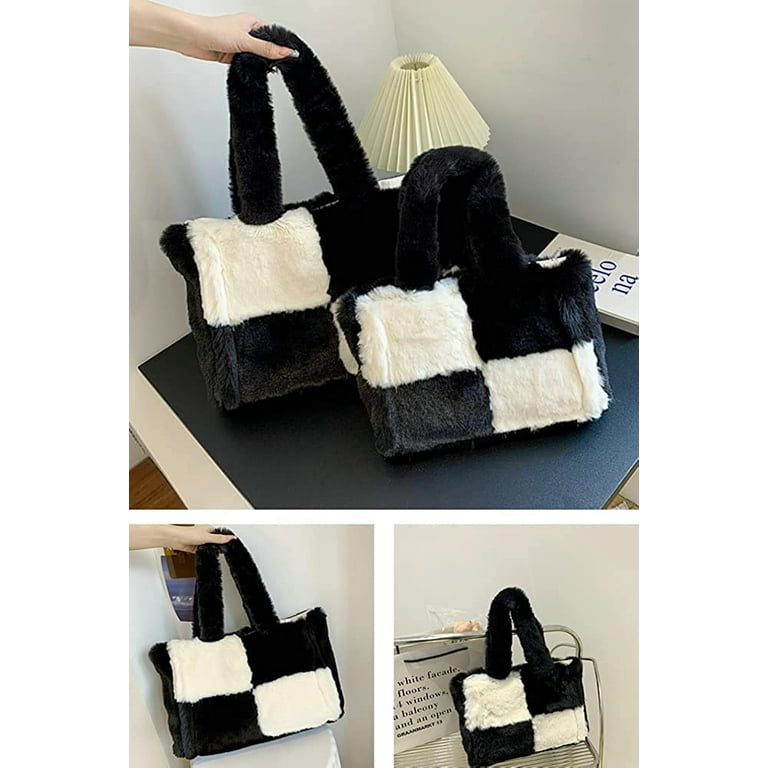 Quilted Plush Tote Bag Solid Color Faux Fur Satchel Bag
