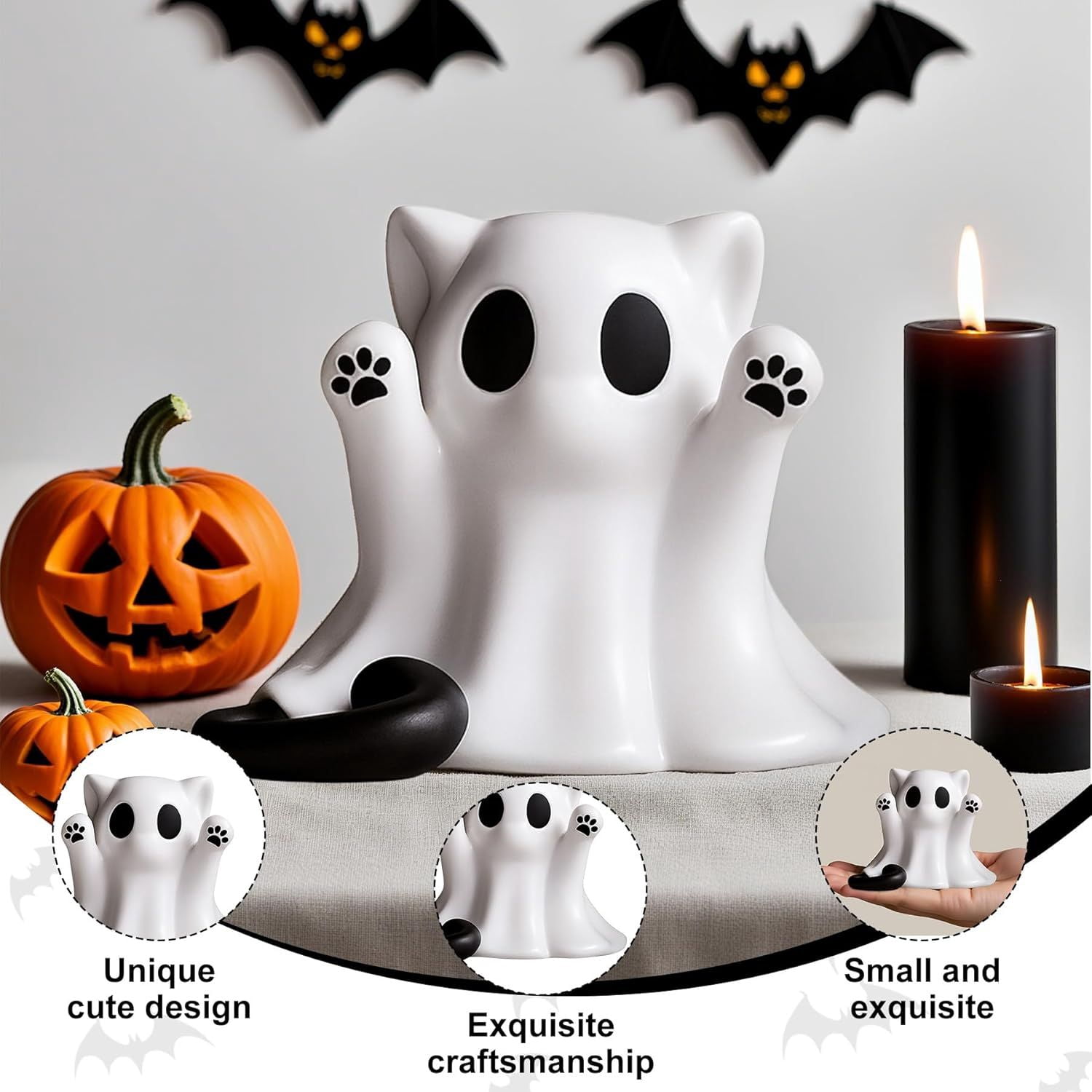 Cat-Shaped Ghost Ornament Mini Resin Figurine for Halloween Table Decor