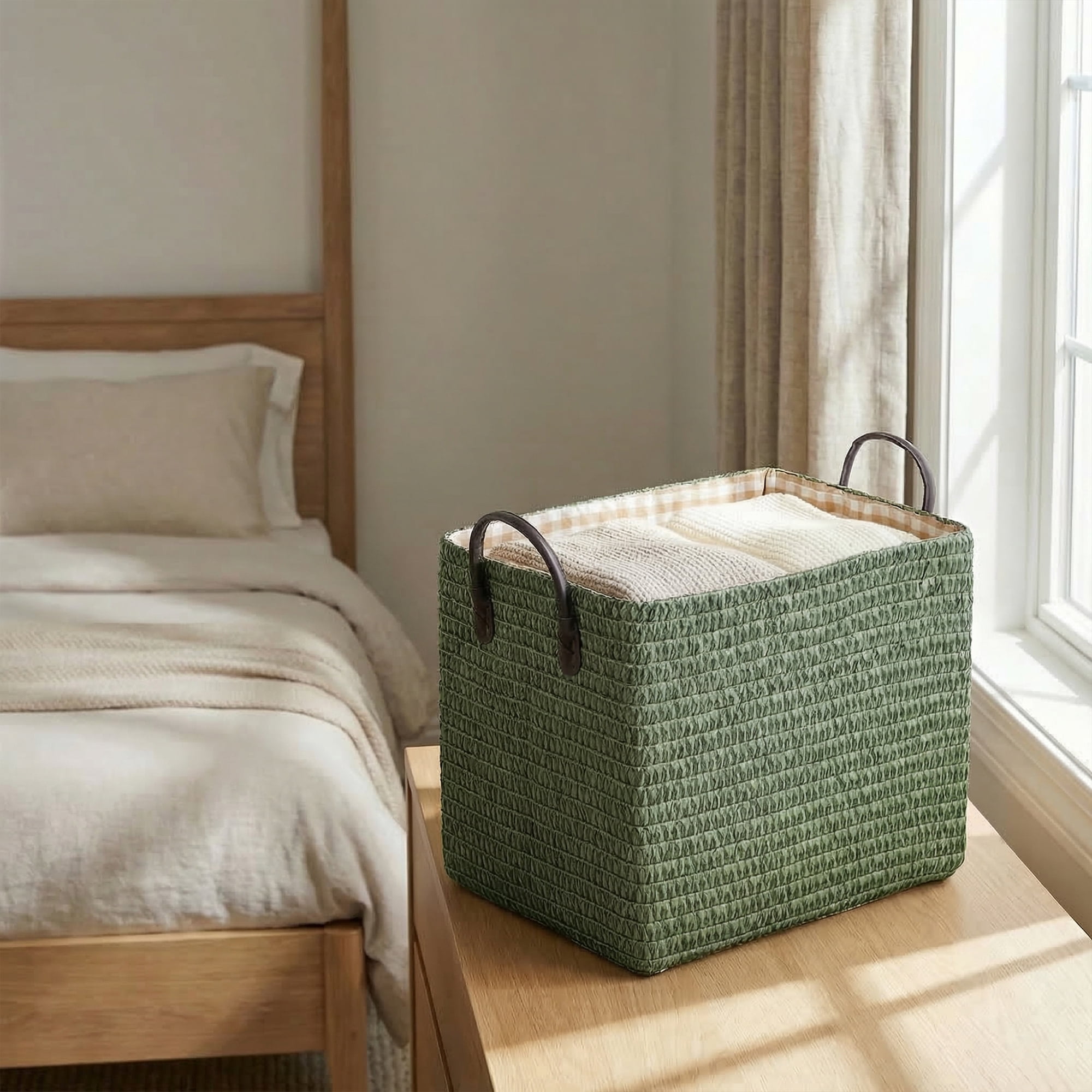 Unique Bargains Compactable Woven Storage Basket Storage Bin Green 13.8*10.2*11.8in