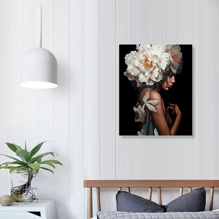 Abstract Emerald Green Wall Art - Woman With Yellow Acacia Bouquet Painting, Floral Print For Living Room & Bedroom Decor, 16x24 Inch Framed