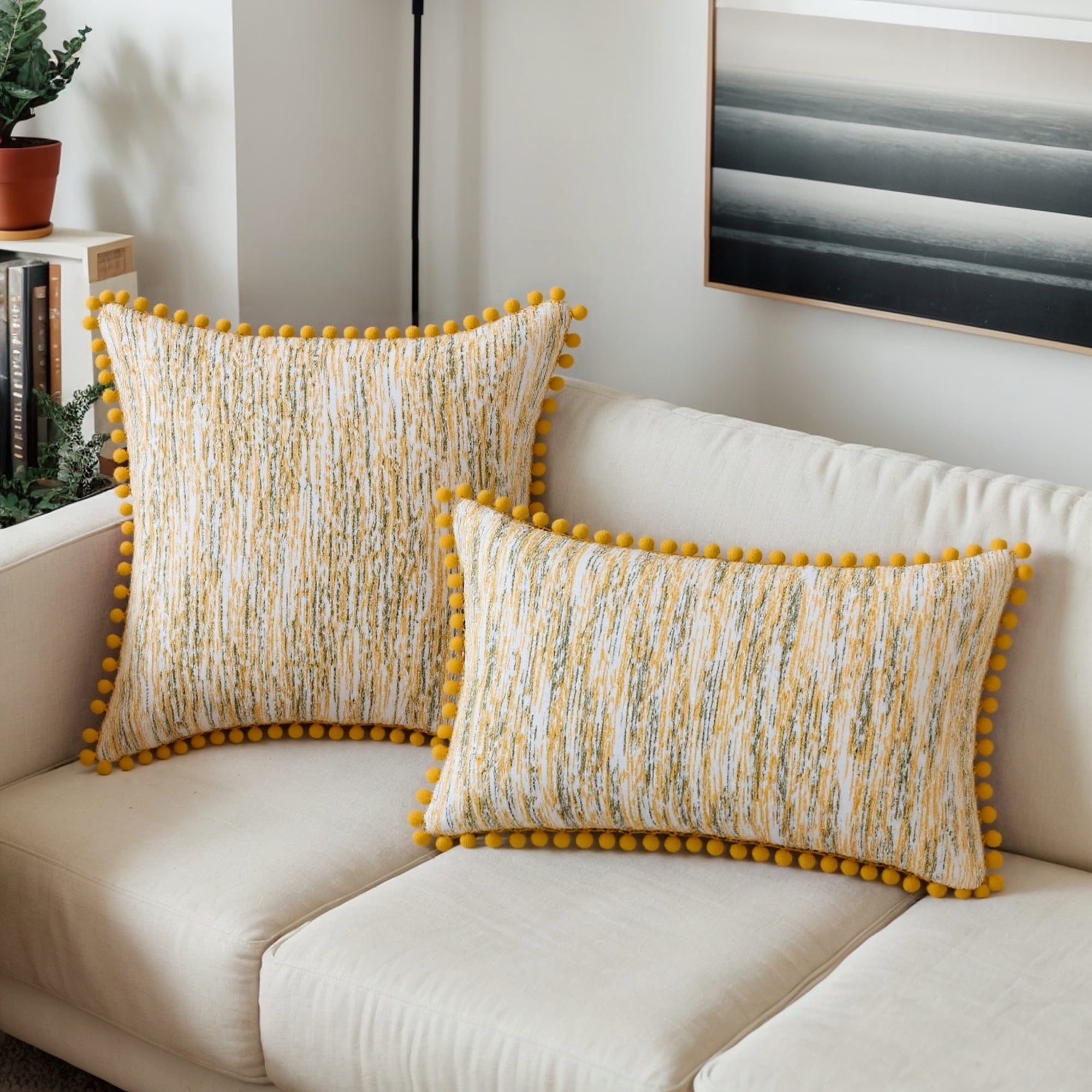 Unique Bargains Pack of 2 Chenille Throw Pillow Covers with Pom-poms 20" x 12" Yellow
