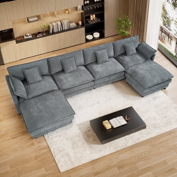 Wiilayok 151" Modular Sectional Sofa Set,U Shaped Sectional Sofa Couches with Ottoman,Chenille Cloud 6 Seat Sofa for Living Room,Gray