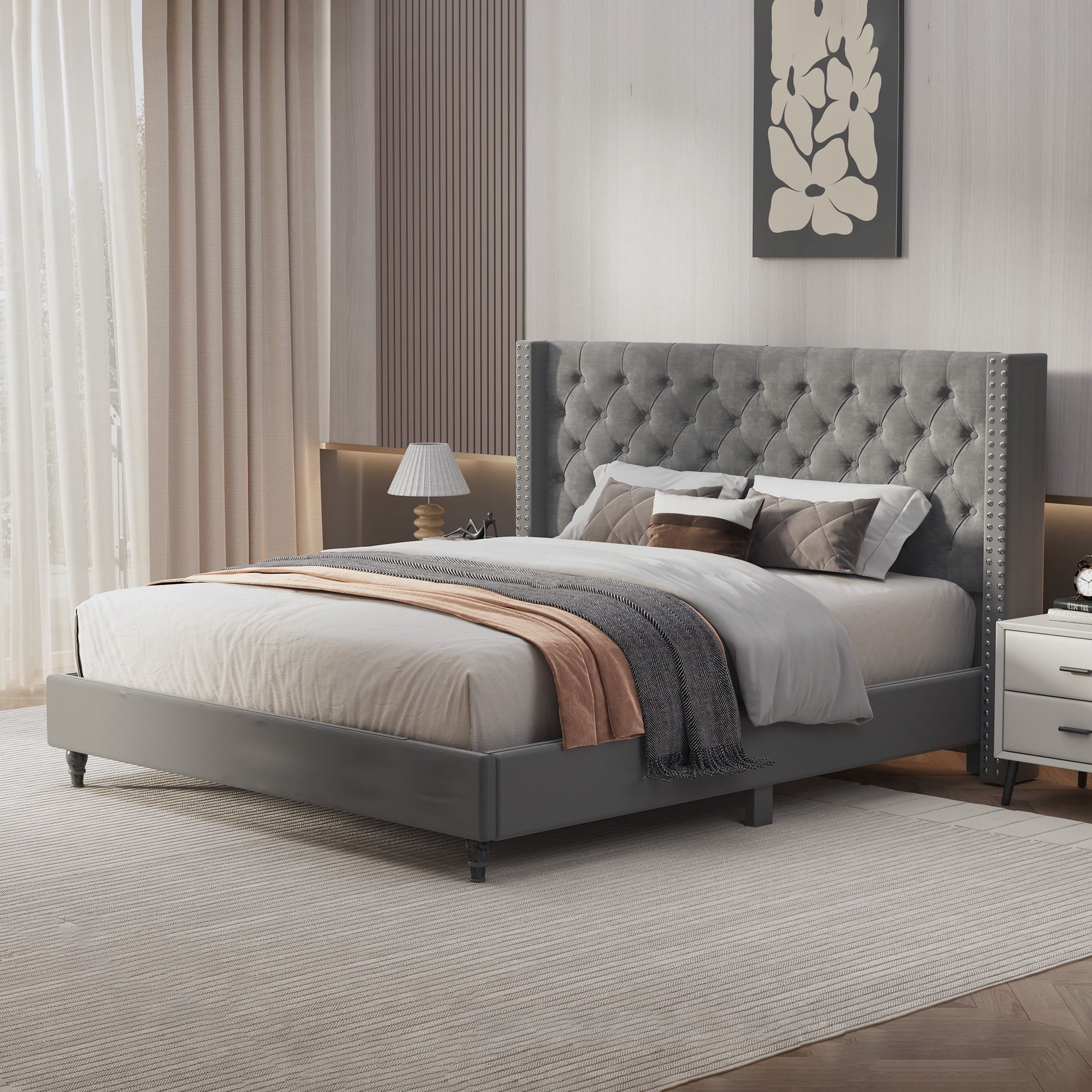 FlexiSpot King Size Upholstered Platform Bed Frame with Tall Tufted Wingback Headboard, Soft Fabric Upholstery, Solid Wood & Center Support Legs, Noise-Free Structure, 750lbs Heavy-Duty