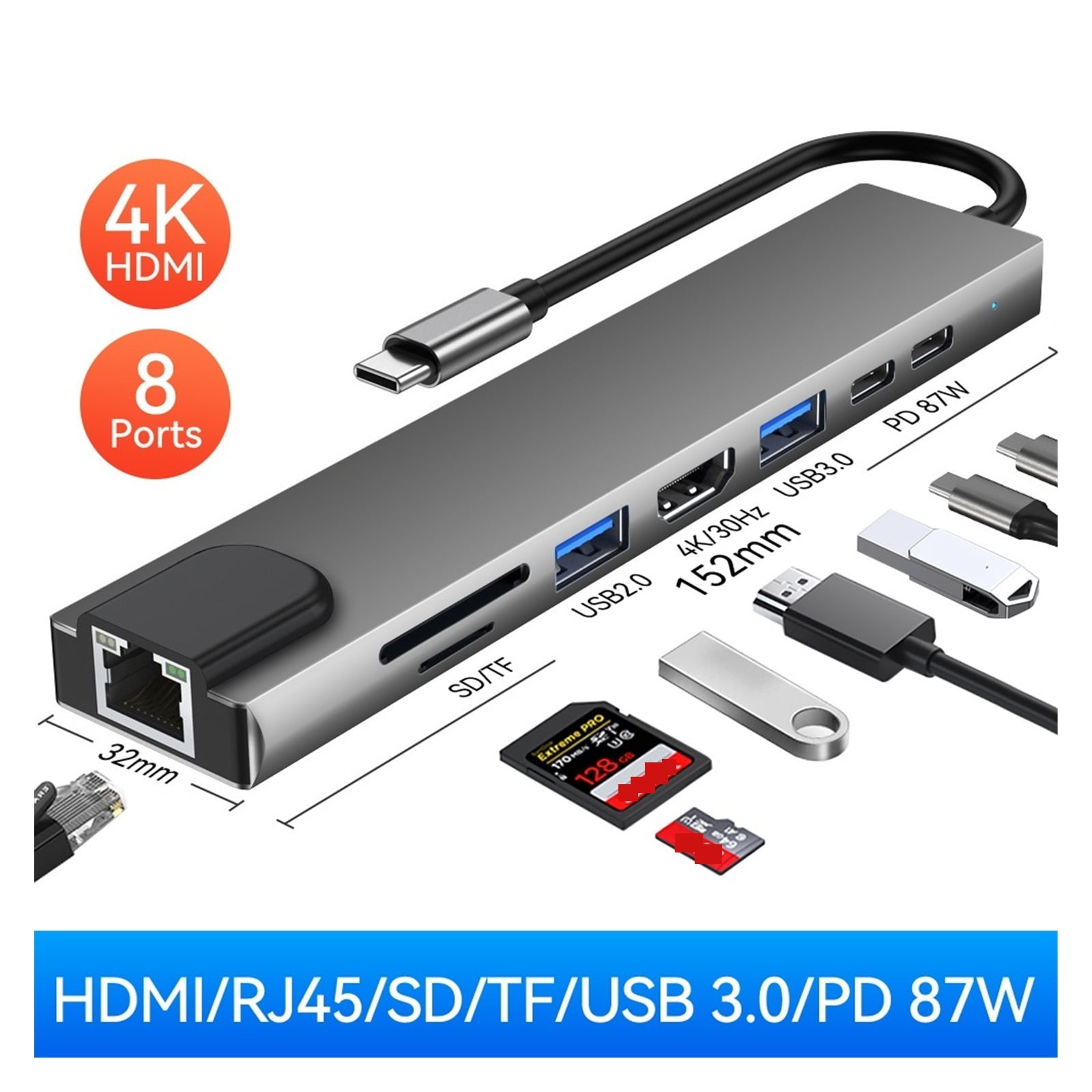 4 / 8 In 1 USB 3.0 Hub For Laptop Adapter PC PD Char 8 Ports Dock Station Usb Multi-port Charging For Multiple Devices ,No More Cable Clutter