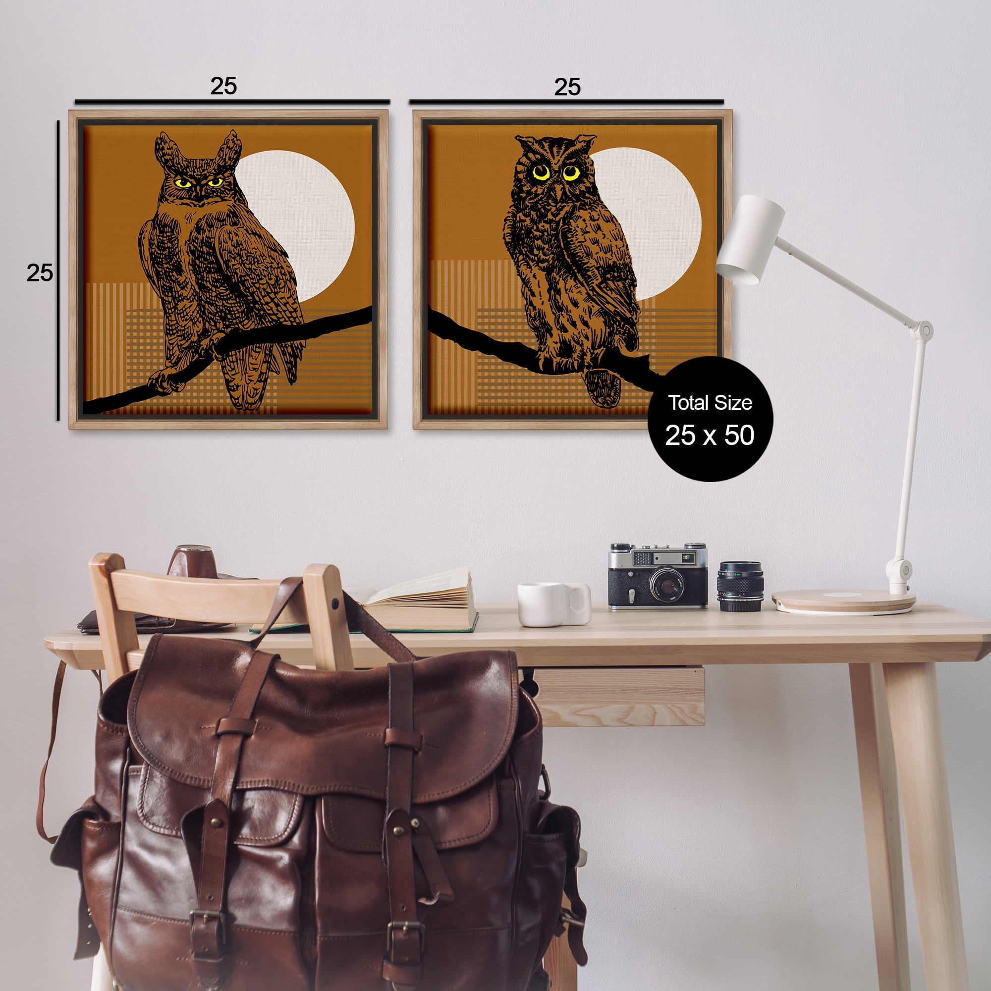 Stupell Industries Full Moon Owls on Branch Animals Painting Brown Floater Framed Canvas Art Print Wall Art, 25 x 25, Set of 2