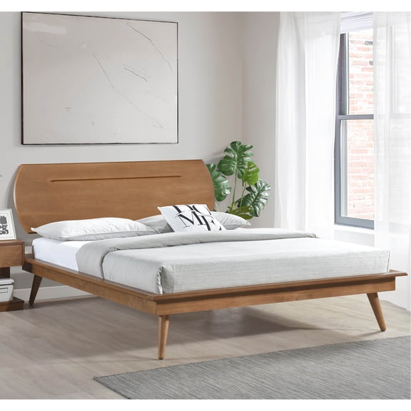 Queen Platform Bed With Oval Headboard, Wood Bedroom Detail Wooden Headboard In Brown Finish