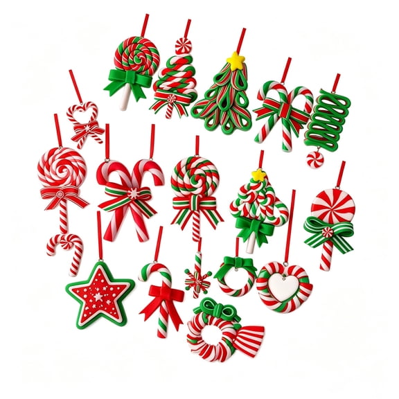 16 Pcs Christmas Candy Cane Ornaments, Red Green White Peppermint Striped Wooden Pendants, Ribbon Bow Hanging Decor