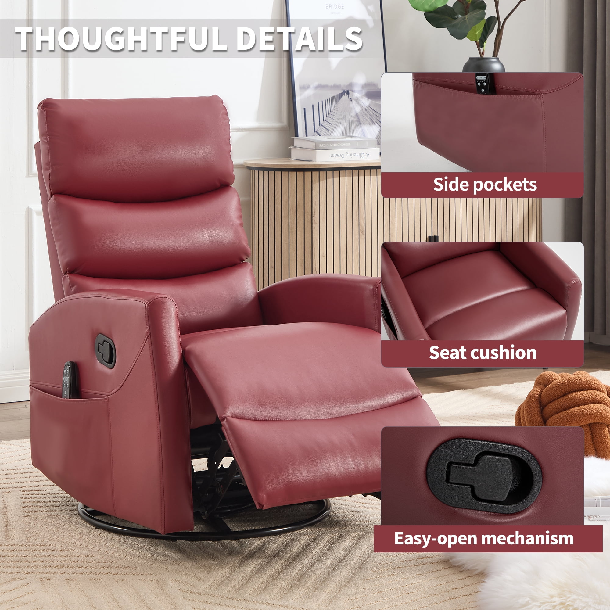 Aukfa 360° Swivel Recliner Rocking Chair with Massage and Heat for Living Room & Nursery, Leather, Red