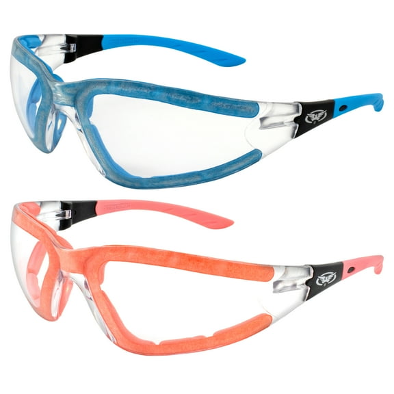 Global Vision Ruthless Padded Motorcycle Glasses for Men or Women ANSI Z87.1 Safety Glasses 2 Pairs Blue & Pink Frames w/Clear Lenses