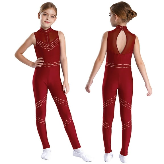 LiiYii Kids Girls Sleeveless Mesh Splice Unitard Full Body Bodysuit Shiny Figure Skating Jumpsuit Catsuit Burgundy 14