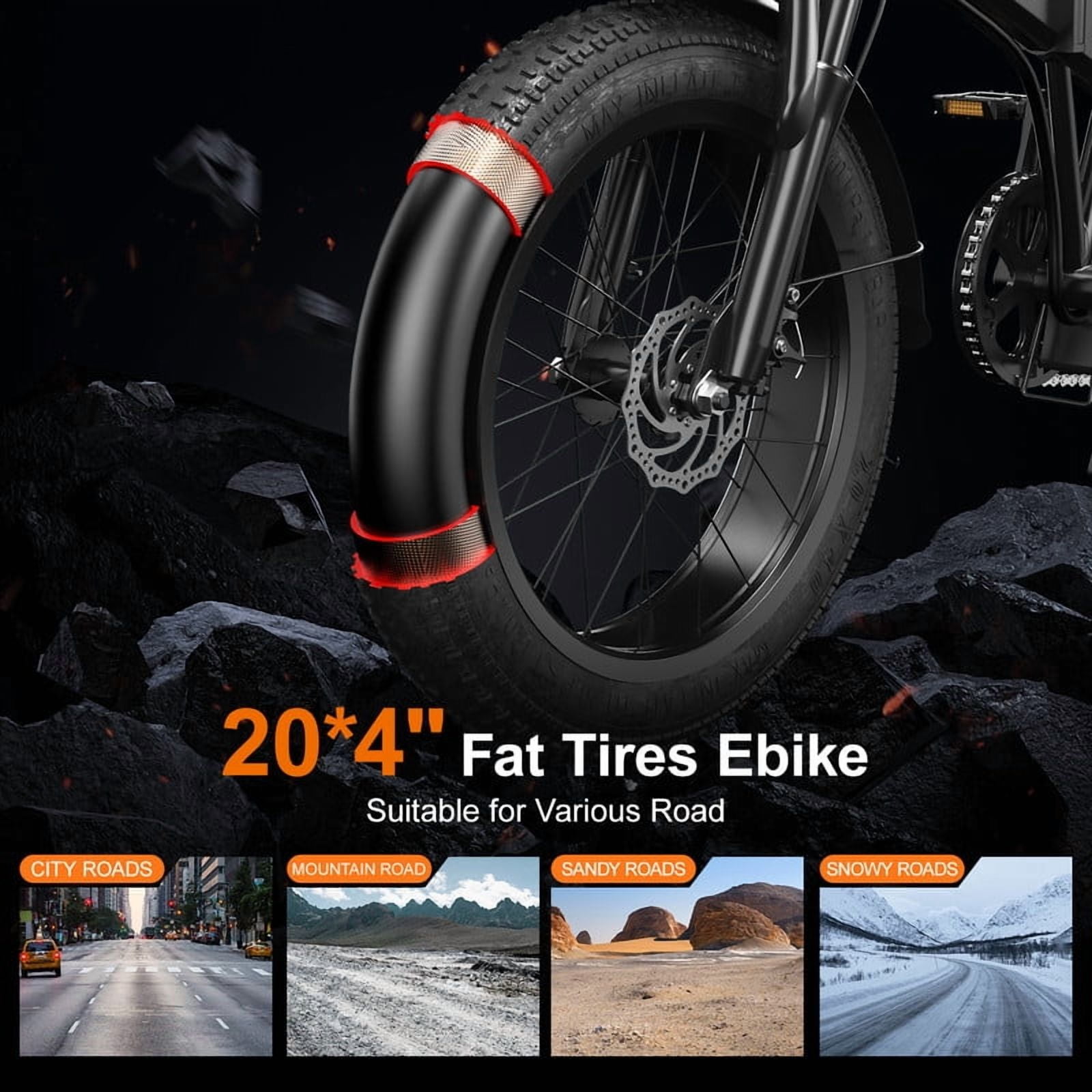 748W(Peak)Winter Electric Bike,48V 15AH Large Removable Battery E Bike,25 MPH,45 Miles Max Range,20" Fat Tire Electric Bike for Adults,Electric Bicycles for Beach Snow