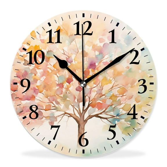 14 Inch Wall Clock Battery Operated Silent Clock Decorative for Office, Kitchen, Outdoor, Living Room，Watercolor Tree of Life Hand Painted Colorful Four Seasons Tree Art