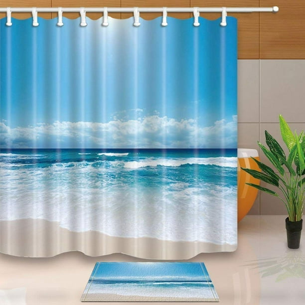 BPBOP Tropical Island Bath Curtain Waves Rock Beach Shower Curtain 66x72 inches with Floor