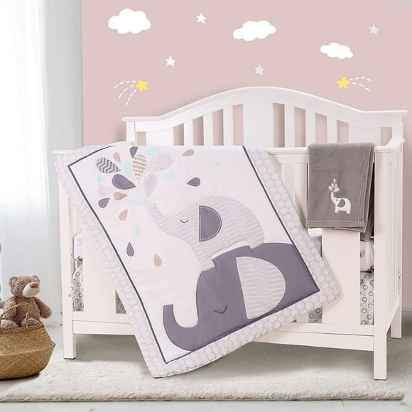 Sweet Baba Gray Elephant Crib Bedding Sets for Boys 4 Pcs, Baby Girls Set Included Comforter, Fitted Sheet, Crib Skirt & Blanket for Nursery Standard Size Neutral