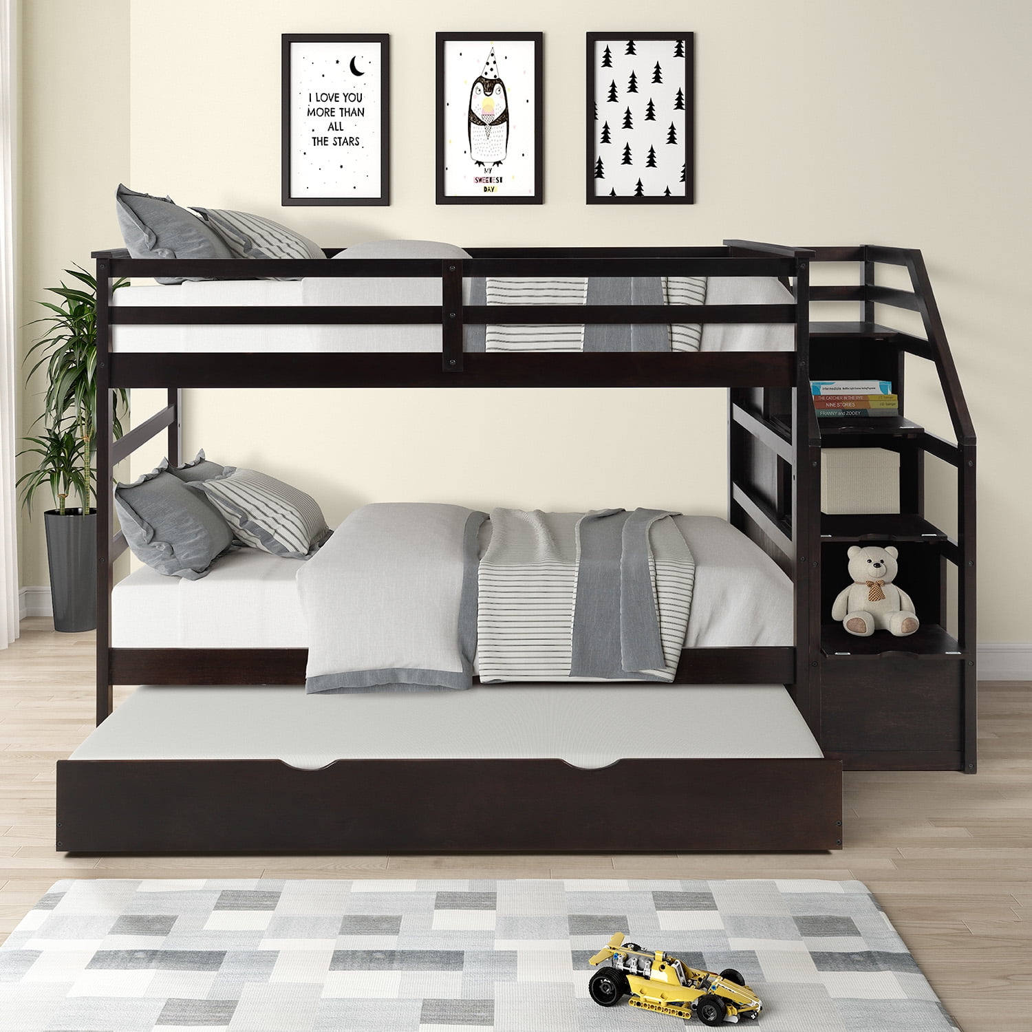 Floor Bunk Bed with 3 Storage Stairs, Twin Size, Espresso
