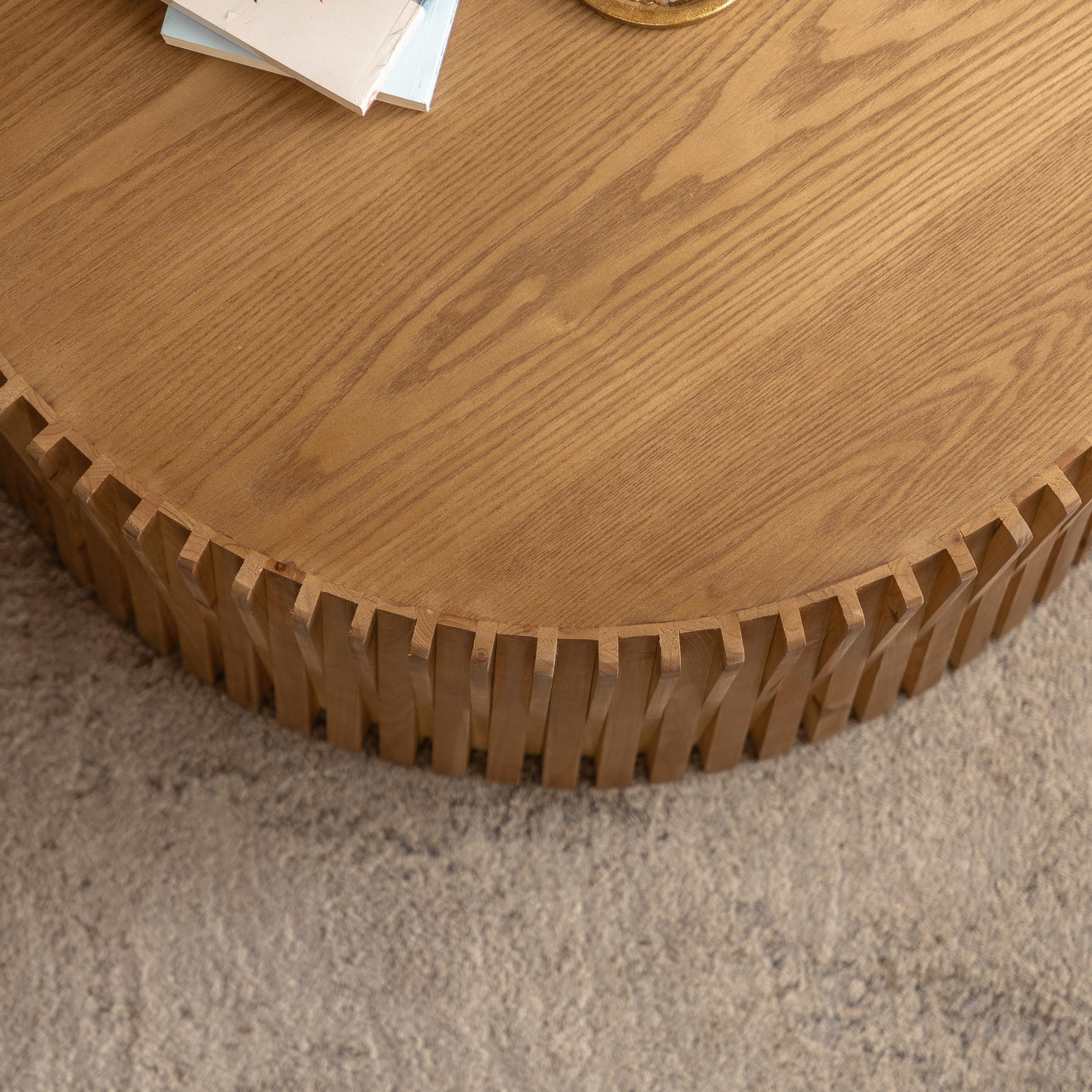 Vintage Fashion Style Cylindrical Nesting Coffee Table Set with Vertical Textured Embossed Design for Living Room, Office and Dining Room, Natural (Set of 2), Length 31.5" and 23.62"