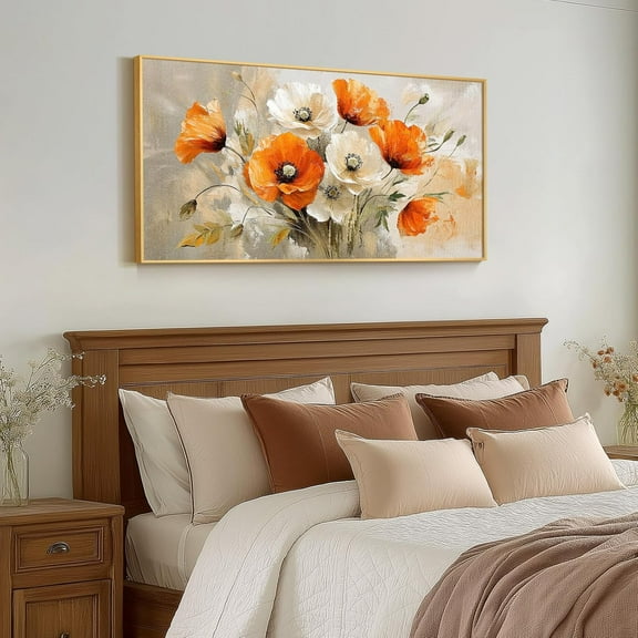 Large Gold Framed Floral Wall Art 20x40 Inch Orange White Flower Canvas Painting for Living Room Bedroom Office Decor