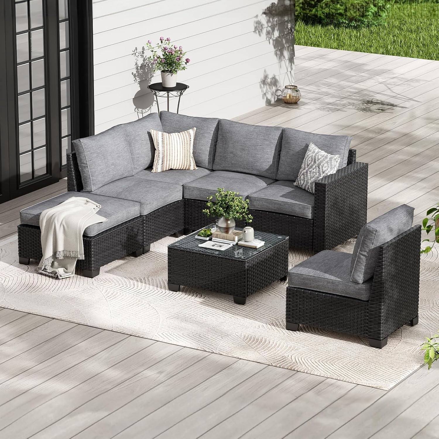 STARY Outdoor Wicker conversation sets, 7 Pieces Patio Furniture Sofa Set with Coffee Table, All Weather for Garden, Backyard, Balcony (Dark Gray)