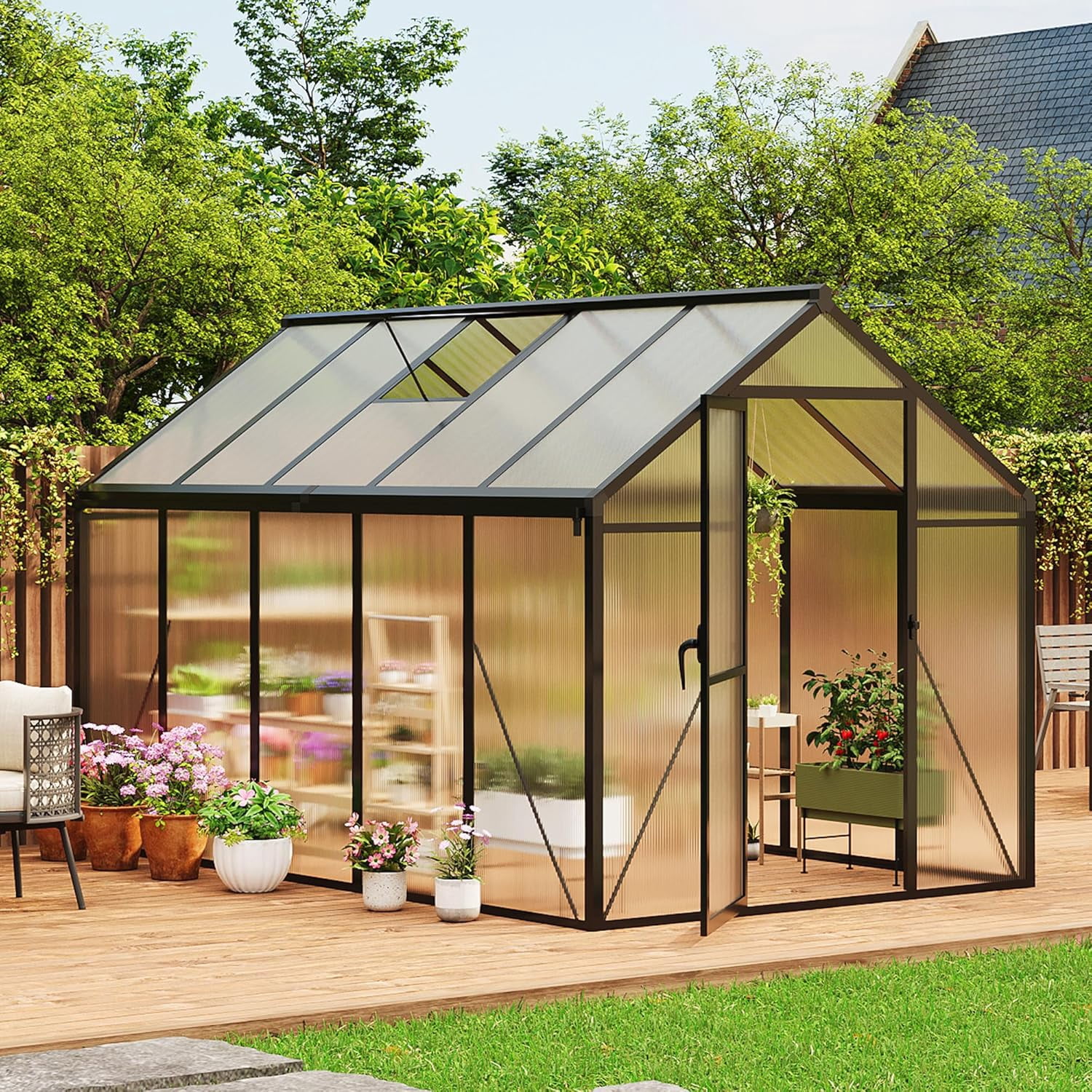 EastVita 6x10 FT Greenhouse for Outdoors Polycarbonate Greenhouse with Roof Vent Ground Nails Lockable Push Door Aluminum Large Walk-in Green House for Outside Garden Backyard Patio Lawn Black