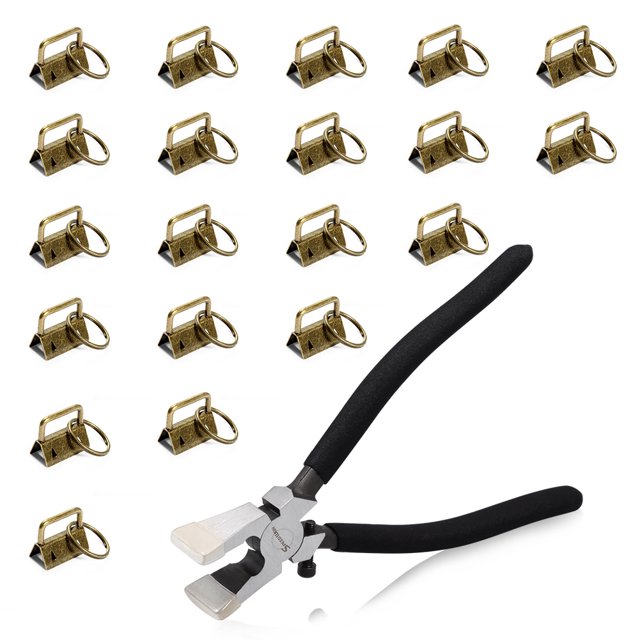 SPEEDWOX 20 Pcs 1 Inch Key Chain Fob Hardware with Split Rings Key Fob Pliers Kit 1 Pair of Rubber Tips Glass Breaking Pliers Tool for Webbing Fabric Strapping Wristlet Antique Brass Key Fob