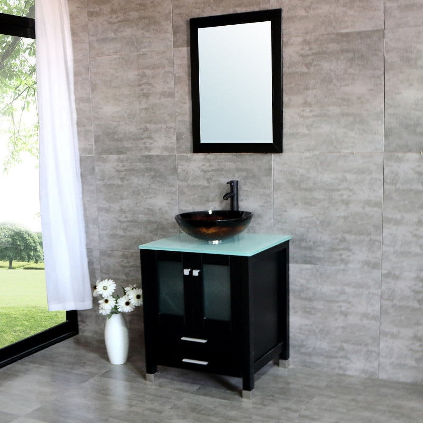 Walsport 24" Luxurious Wood Bathroom Vanity Cabinet Round Tempered Glass Vessel Sink Bowl ORB Faucet Drain Combo Design with Mirror Modern Vanities Set,Black
