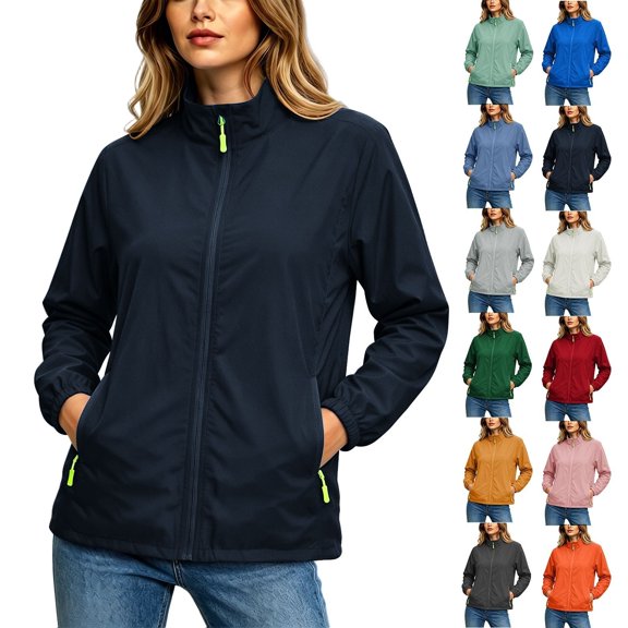 Women's Stand Collar Full Zip Lightweight Windbreaker Jacket,Elastic Cuffs Casual Sports Coat with Zip Pockets,Black,Women's Plus Size L