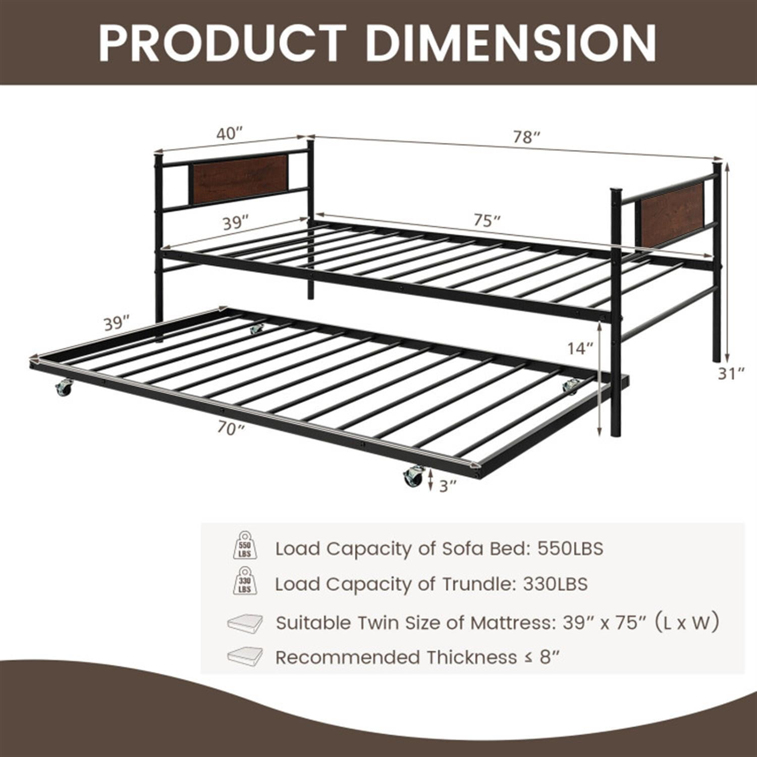 Demi Bonn Twin Size 2-In-1 Daybed Frame with Pullout Trundle, Modern Bed Frame for Teens, Black