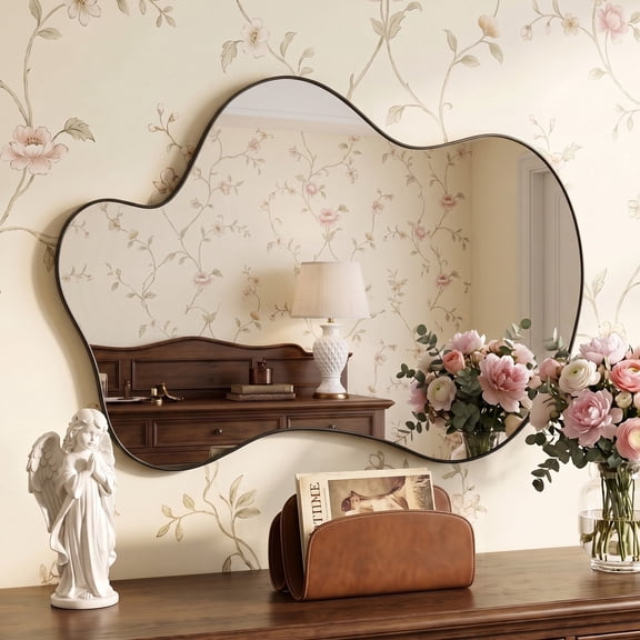 CuteDAY Irregular Wall Mirror, 24"x36" Asymmetrical Mirror, Black Decorative Modern Wall Decor, Wall Mounted