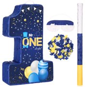Mr. Onederful Piñata Number 1 Piñata for 1st Party Decorations Navy Blue Gold One Piñata with Blindfold Mask Stick Confetti for Boys Little Man First Party Supplies Favors A101