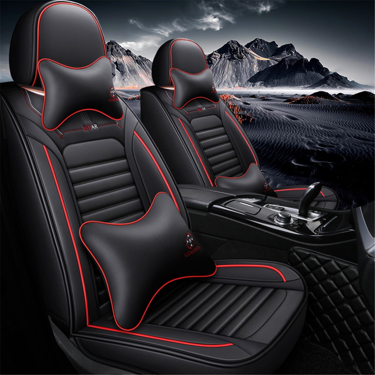 Rear 5 seat General Car Seat Cover PU Leather Cushion Headrest Universal Front