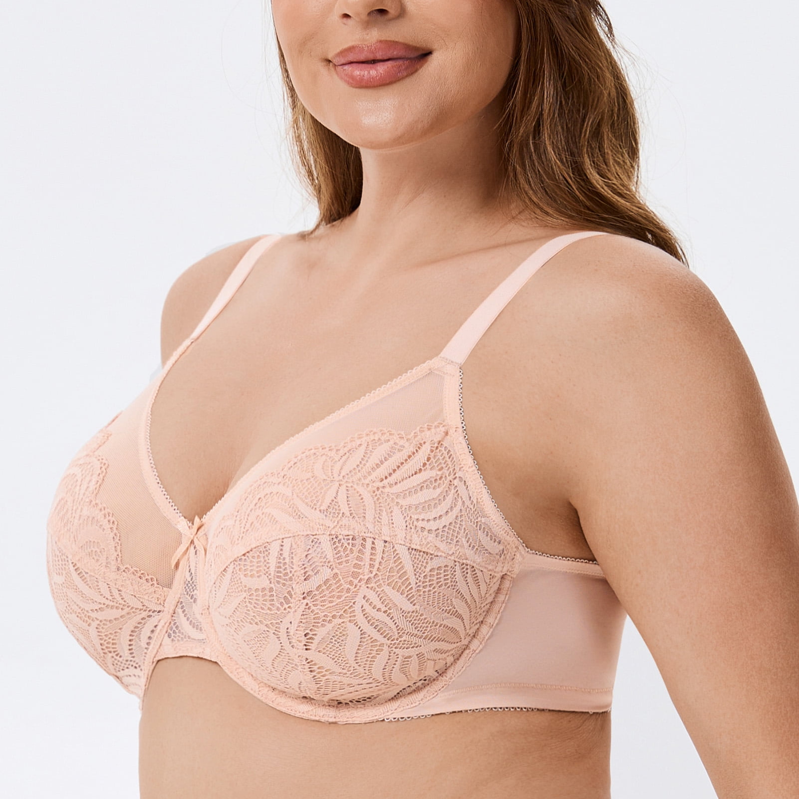 MELENECA Women's Minimizer Bras for Large Bust Underwire Plus Size Full Coverage Lace Bras Beige 36F