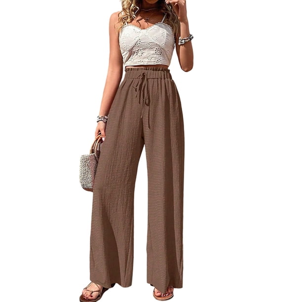 Pantalones de Salón de Pierna para Mujer, Cintura Alta, Ajustables, con Nudo de Lazo, Holgados. Color Café M