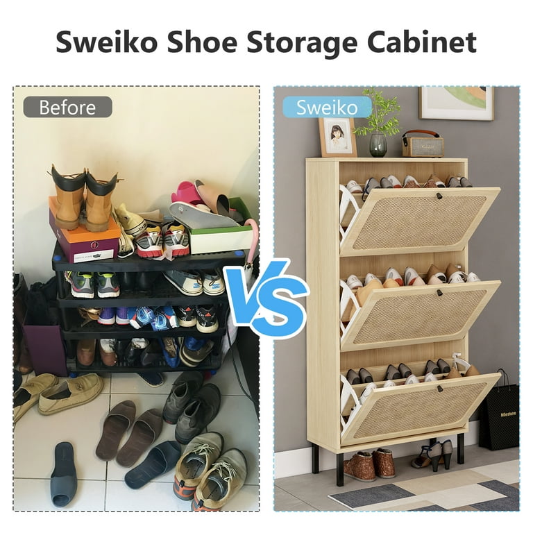 Sweiko 3 Flip Drawer Shoe Cabinet Natural Rattan Shoe Cabinet Organizer  Freestanding Wooden Shoe Rack Storage Cabinet with Metal Legs for Entryway