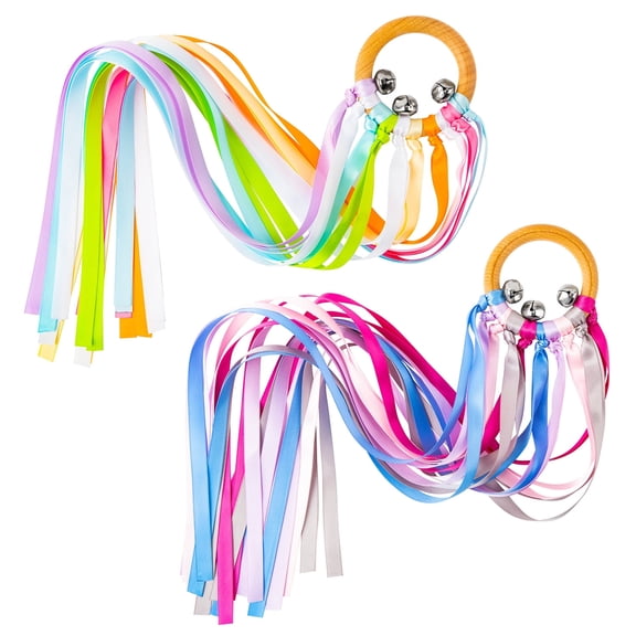 2ooya Rainbow Ribbon Handheld Kite Wand, Polyester Ribbon with Wooden Ring Sensory Toys, Tassel Toys for Dance Theme Party Decor Supplies, 2 Pieces