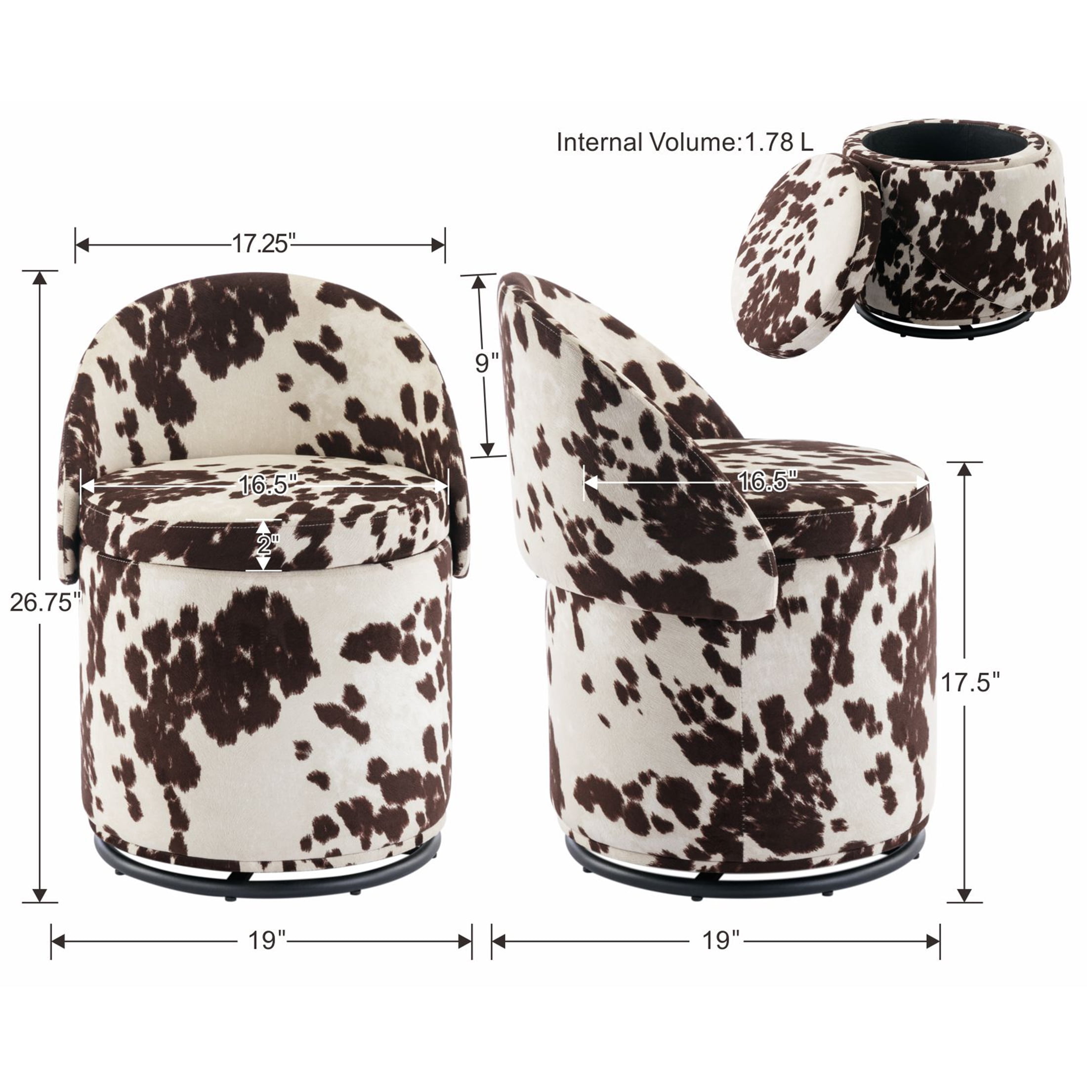 Guyou Modern Round Swivel Vanity Storage Stool, Velvet Upholstered Ottoman with Foldable Backrest and Removable Lid, 360° Swivel Barrel Club Chair, Comfy Makeup Stool for Bedroom Living Room, Cow