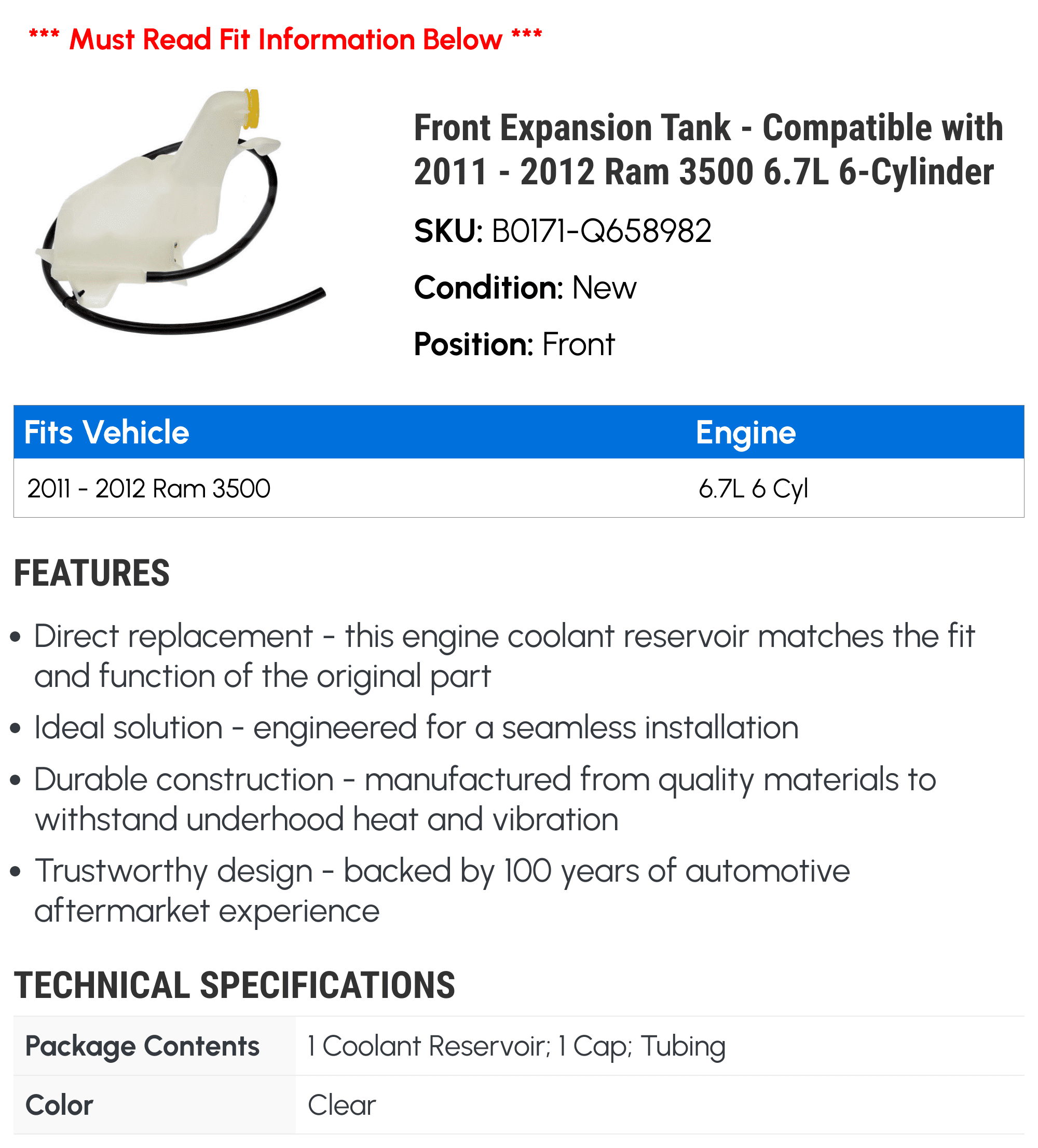 Front Expansion Tank - Compatible with 2011 - 2012 Ram 3500 6.7L 6-Cylinder