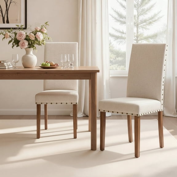 Snugway Handcraft Linen Solid Wood Parson Chair,Dining Chair,Set of 2,Beige