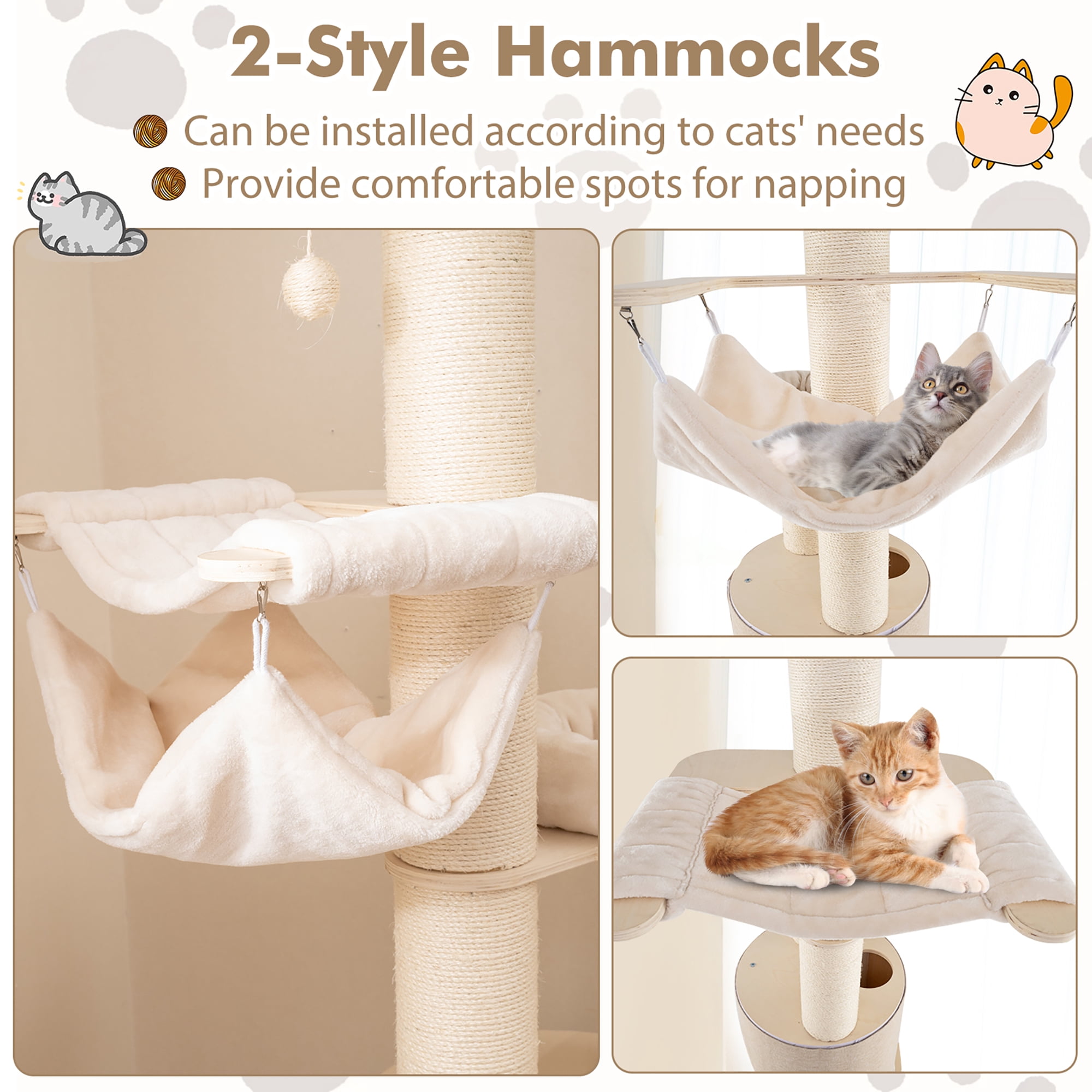 Gymax PETSJOY 74'' Tall Wooden Cat Tower Tree w/ 2-Story Cat Condo 2-Style Hammocks