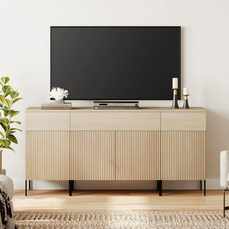 WAMPAT 3 in 1 Modern TV Stand for 60+ Inch TV 63 W Fluted TV Entertainment Center with Storage Cabinets and 3 Drawers & 4 Doors Wooden TV Console Table with Storage for Living Room