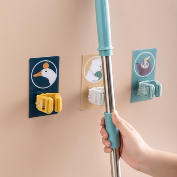 Yinreli 4Pcs Cartoon Adhesive Wall Mounted Mop Brush Holder Broom Storage Rack Organizer